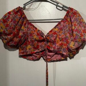 Wild Fable Pink Floral Puff Sleeve Crop Top